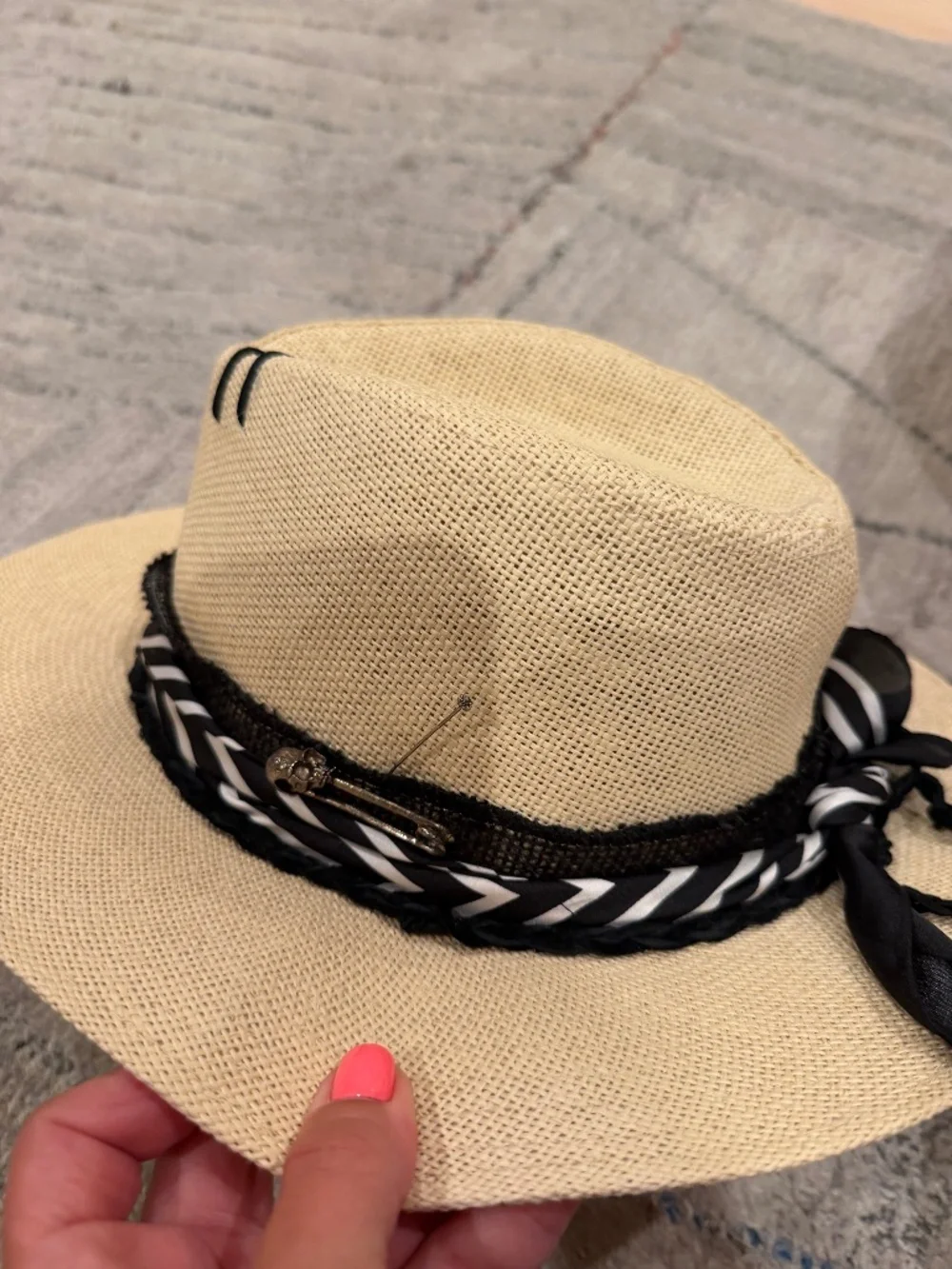 Rue des Martyrs Straw Fedora Beige Black White Embellished Band